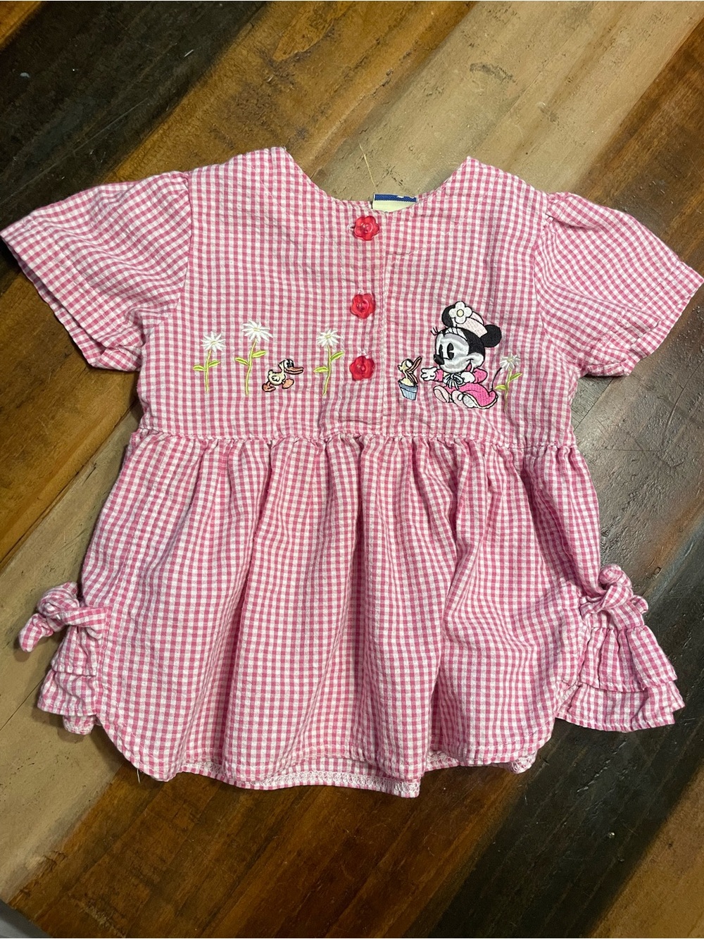 Vintage 90s y2k Baby Minnie Mickey & Co Pink Gingham Embroider Dress floral 24